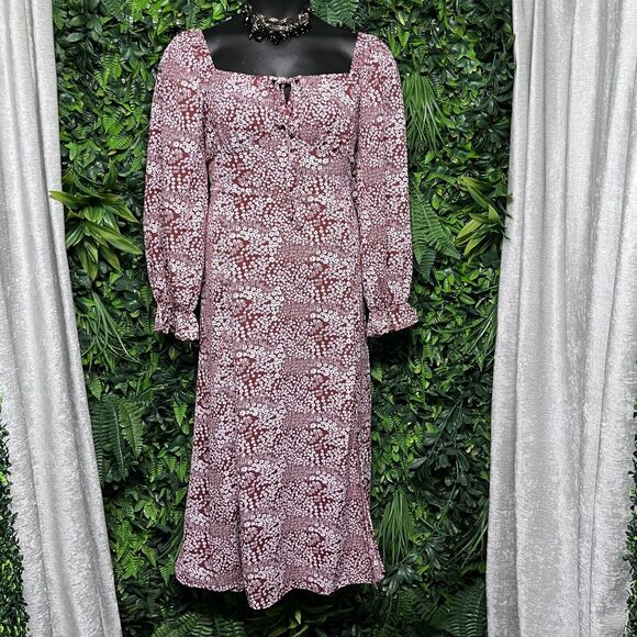 Stylish Dress Women XL Red Rusted Floral Maxi Ruffle Accent Cottage 2486 - Picture 2 of 5